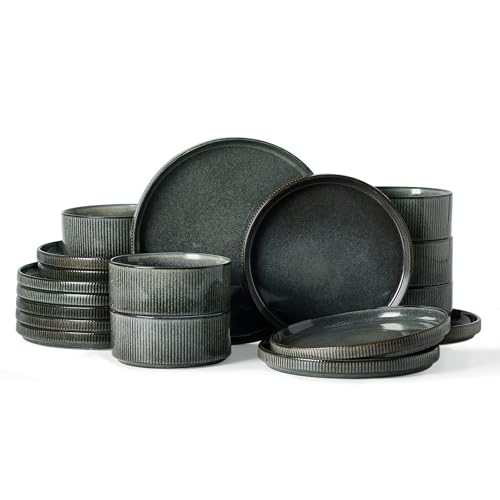 Famiware Star Plates and Bowls Sets, 18pc Modern Stoneware Dinnerware for 6 | Handmade Reactive Glaze Dishes, Chip & Scratch Resistant. Microwave & Dishwasher Safe, Everyday Use Ceramics, Deep Forest - color: Deep Forest, size: Service for 6
