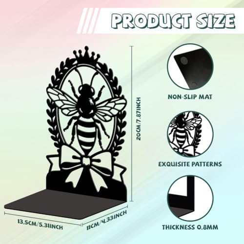 5.3"x4.3"x7.9" Metal Bookends, Heavy Duty Book Ends for Shelves | Bee with Laurel Wreath Theme Cast Iron Book Supports, 1 Pair Decor Stoppers for Desk, Library, Office & Home Shelves - style: Bee with Laurel Wreath