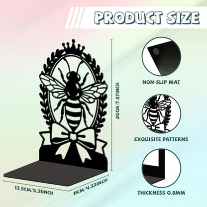 5.3"x4.3"x7.9" Metal Bookends, Heavy Duty Book Ends for Shelves | Bee with Laurel Wreath Theme Cast Iron Book Supports, 1 Pair Decor Stoppers for Desk, Library, Office & Home Shelves - style: Bee with Laurel Wreath