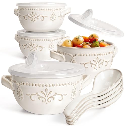 French Onion Soup Bowls with Handles and lids & Spoons, 20 Oz Ceramic Soup Crocks Oven Safe Serving Bowls for Chili, Beef Stew, Cereal, Pot Pies, Embossment, Set of 4, White (Damask Floral) - color: White (Damask Floral)