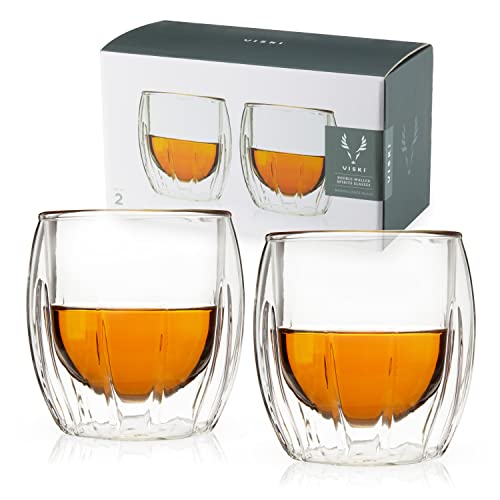Viski Double-Walled Spirits Glasses, Insulated Liquor Tumblers with Cut Crystal Design, Dishwasher Safe 8.5 Oz, Clear, Set of 2 - style: Double-Walled Spirits Glasses