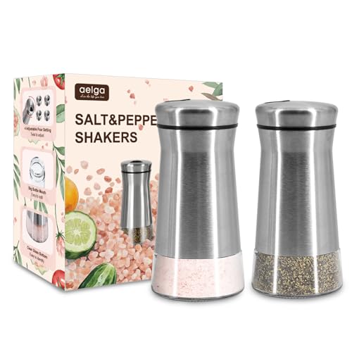 Farmhouse Salt and Pepper Shakers with Adjustable Pour Holes, Refillable Salt Shaker by Aelga, Ideal for Himalayan, Kosher, Black and White Pepper - color: Silver