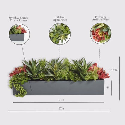CG Hunter Oblong Faux Succulent Arrangement, Premium Artificial Indoor Plant Enhances Interior Design, Display on any Surface in Your Home Adding an Inviting Touch of Nature, Grey Planter Pot Included - size: 27" Oblong Grey