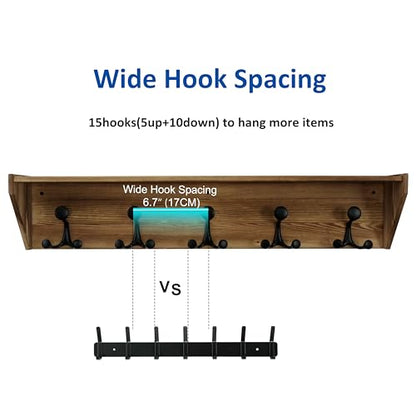 WEBI Wall Shelf with Hooks Underneath,35" Long Wall Mounted Coat Rack with Shelf,Entryway Coat Rack with 5 Triple Hooks for Hanging Coats,Jacket,Hallway,Bedroom,Mudroom,Brown - color: Brown, size: 35 Inch