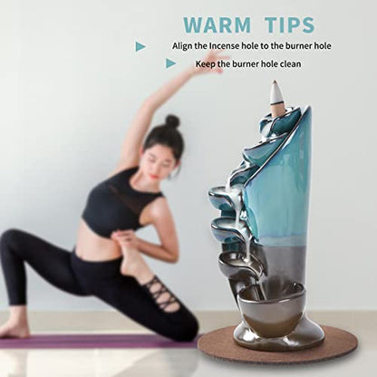 YYW Backflow Incense Burner Holder Handmade Statue Decor Fountain Waterfall Incense Holder with 20 Backflow Incense Cones 30 Incense Sticks 1 Tweezer 1 Mat for Indoor Meditation Yoga (Blue) | Includes 20 Backflow Incense Cones 30 Incense Sticks 1 Tweezer