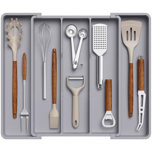 Lifewit Utensil Organizer for Kitchen Drawers, Expandable Utensil Tray | Adjustable Cooking Cutlery Silverware Flatware Holder, Plastic Spatula Tools Storage Divider, 11-18 x 14", Gray - color: Gray, size: Medium(11-18''W x 14''D)