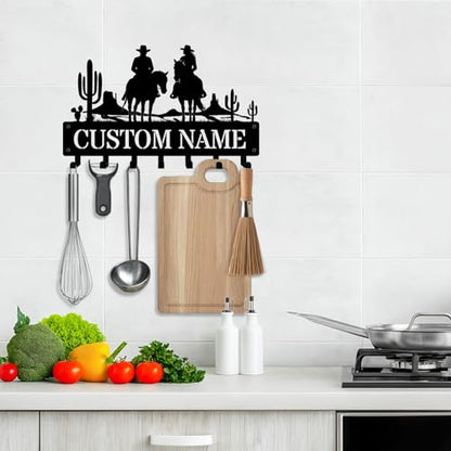 NIWAHO Personalized Key Holder Wall Mount Western Cowboy Couple Riding Horse Metal Key Hooks – Custom Name Wall Rack for Entryway, Kitchen, Bedroom, Wedding or Housewarming Gifts - color: Cowboy & Cowgirl