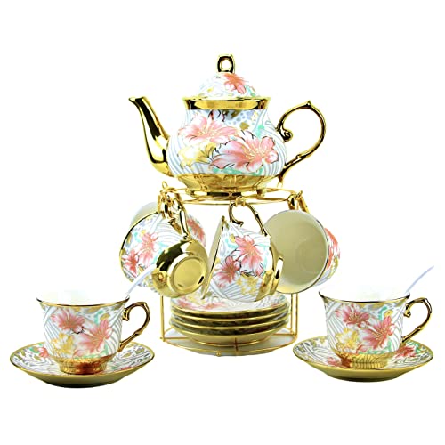 20 Pieces Porcelain Tea Set With Metal Holder, European Ceramic tea set for adults,Flower Tea Set,Tea Set For Women With Flower Painting (Large version, White) - color: White