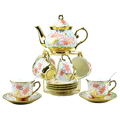 20 Pieces Porcelain Tea Set With Metal Holder, European Ceramic tea set for adults,Flower Tea Set,Tea Set For Women With Flower Painting (Large version, White) - color: White