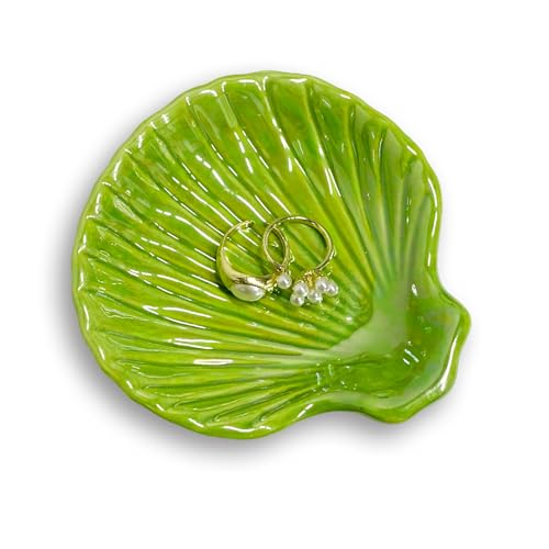 Trinket Dish Shell, Ceramic Jewelry Dish Seashell, Seashell Shape Jewelry Holder Plate for Rings Earrings Necklaces Bracelet, Decorative Tray for Mom Friend Sister, 3.9", Green Iridescent Surface - color: Green