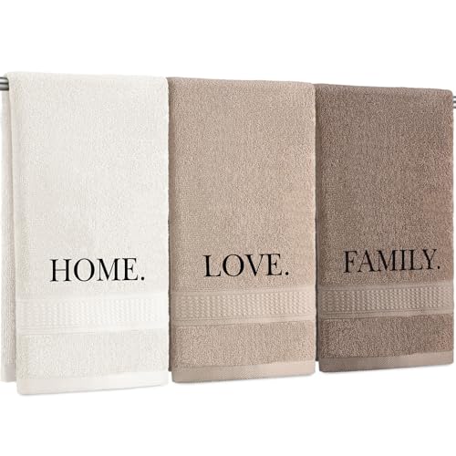 3 Pcs Farmhouse Decorative Hand Towels for Bathroom and Kitchen Rustic Embroidered Cotton Hand Towels Decorative Set for Boho Bathroom Decor(Brown,Home,Love,Family) - color: Brown, style: Home,Love,Family