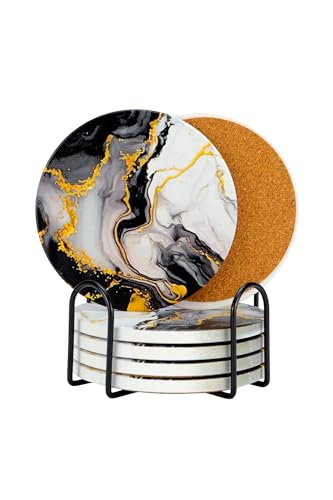 Ceramic Drink Coasters Set of 6 with Holder, Absorbent Coasters with Cork Backing for Coffee Table, Surface Protection, Home Decor and Housewarming Gift (Golden Smoke) - color: Golden Smoke
