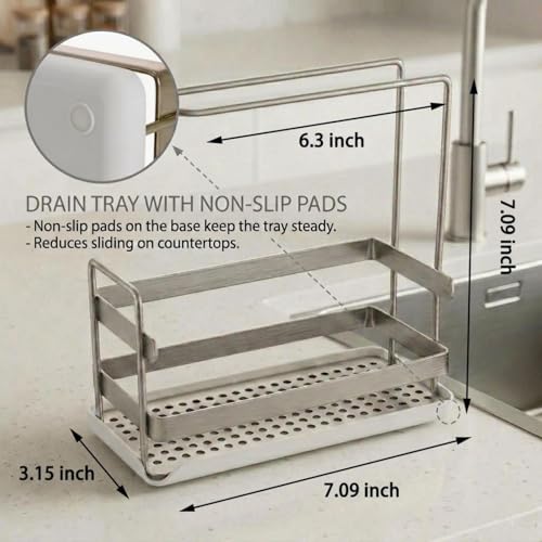 Kitchen Sink Caddy,Sponge Dish Brush Holder Brushed Nickel | Carbon Steel, Towel Rack & Removable Drain Tray, Sponge & Brush Organizer, Compact Sink Storage, Fits Standard Kitchen Sink