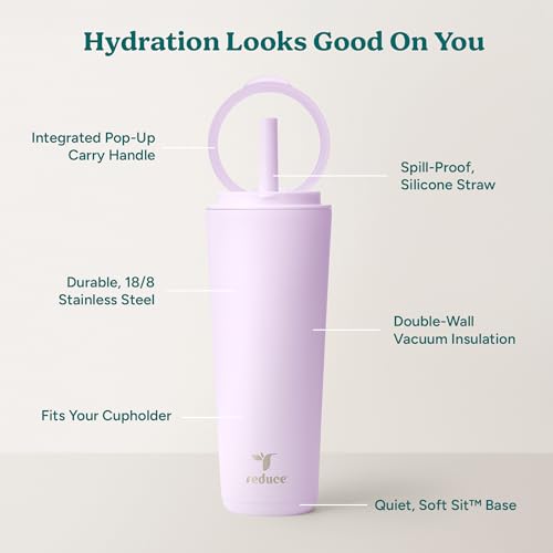REDUCE Halo 24 oz Stainless Steel Vacuum Insulated Tumbler - Spill Proof Travel Mug with Flip Handle Lid - Keeps Drinks Cold for 32 Hrs - Dishwasher Safe - Cupholder Friendly - Lilac Bud - color: Lilac Bud, size: 24 Ounces
