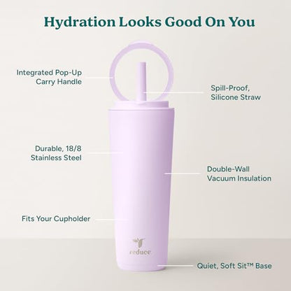 REDUCE Halo 24 oz Stainless Steel Vacuum Insulated Tumbler - Spill Proof Travel Mug with Flip Handle Lid - Keeps Drinks Cold for 32 Hrs - Dishwasher Safe - Cupholder Friendly - Lilac Bud - color: Lilac Bud, size: 24 Ounces