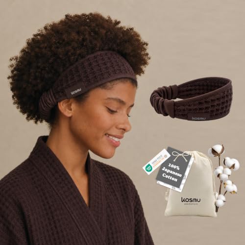 Luxury Organic Japanese Cotton Waffle Spa Headband for Women | Elastic Towel Headband for Makeup, Washing Face, Facial, Cosmetic & Skincare | Gift for Her Self-Care Beauty Routine (Dark Cocoa) - color: Dark Cocoa, style: Spa Headband (Stretch)