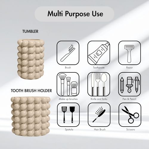 Better Trends Bathroom Accessories Set 3 Pieces Resin Bubble Textured Soap Dispenser, Toothbrush Holder & Tumbler for Vanity, Kitchen Sink & Countertop Organization Sand Nova Collection - color: Sand