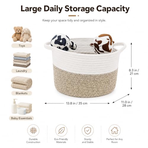 Woven Storage Baskets for Organizing - 1 Piece Cotton Rope & Handwoven Cattail Decorative Bins with Reinforced Handles, Nesting Nursery Basket Set for Closet, Shelf, Toys, and Towels