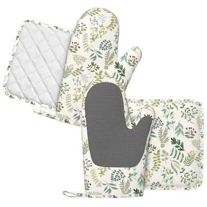 Wildflowers Herbs and Leaves Oven Mitts and Pot Holders Sets Silicone Beige Floral Kitchen Oven Mitts Hot Pads Heat Resistant Potholders Kitchen Mitts Set for Baking BBQ Cooking - color: Beige