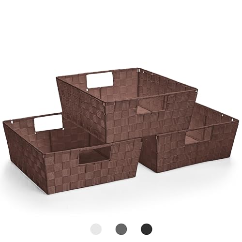 Sorbus Set of 3 Large Woven Storage Baskets – Mesh Hand-Woven Baskets for Organizing, Fabric Storage Bins for Linen Closet Organizer, Storage Baskets for Shelves and Home Organization (Chocolate) - color: Chocolate, size: Set of 3