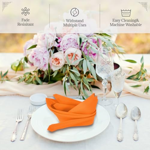 PLOYMONO Orange Cloth Napkins - 8 Pack 17" x 17" Washable Polyester Napkins | Heavy Duty 180 GSM Cloth Napkins with Hemmed Edges - Great for Restaurants, Weddings, Parties, Banquets Dinner - color: Orange