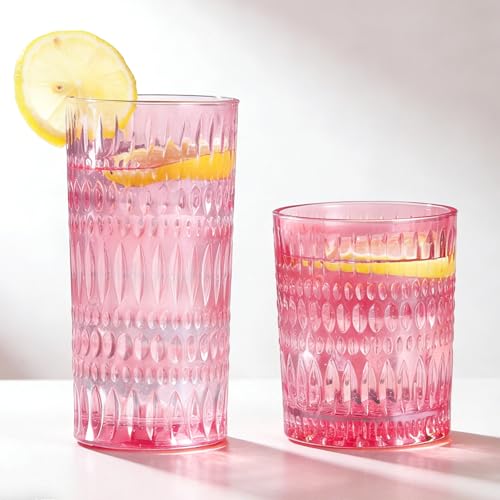 Loivttvv Glassware Drinking Glasses Set of 8, 14 oz Highball Glasses & 10 oz Ribbed Glass Cups, Vintage Glassware for Water, Juice, Cocktail, Whiskey (Pink) - color: Pink