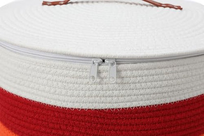 16"x20" Extra Large Cotton Rope Basket with Zipper Lid, Woven Laundry Hamper and Blanket Storage Basket, Round Clothes Bin for Living Room Bedroom, Rainbow & White - color: Rainbow/White