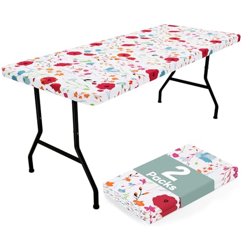 2 Pack Vinyl Tablecloth, Fitted Table Cover, 100% Waterproof, Elastic Edge, Flannel Backing, Plastic Table Cloth Fit 6 Foot Folding Tables for Picnic, Camping, Outdoor (Flowers, 30x72 inch) - color: Off White, size: 72" X 30" (Rectangular)- 2 Pack