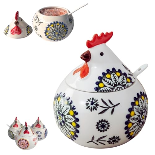 13.5 Oz Salt Cellar With Lid and Spoon (Green)- Ceramic Chicken Spice Jars for Salt, Sugar, Pepper - Spice Containers for Countertop - color: Green