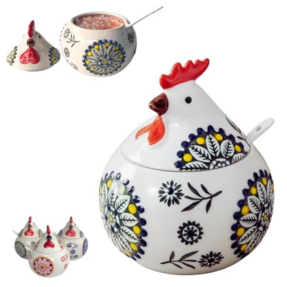 13.5 Oz Salt Cellar With Lid and Spoon (Green)- Ceramic Chicken Spice Jars for Salt, Sugar, Pepper - Spice Containers for Countertop - color: Green