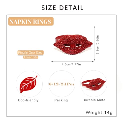Valentines Day Napkin Rings Set of 6 Red Rhinestone Lip Napkin Ring Holders for Western Wedding Party Bridal Shower Anniversary Dinner Girl Birthday Family Gatherings Dining Table Decor - style: ERW69