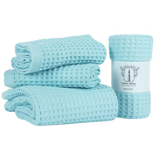 PÜSKÜL Natural 100% Turkish Cotton Waffle Towels Set for Bathroom (4-Piece) | Turquoise, Large Size 2 Hand and 2 Bath Towel, Quick-Dry Soft Absorbent Premium 3D Honeycomb Weave, Oeko-Tex Made in Turkey - color: Turquoise