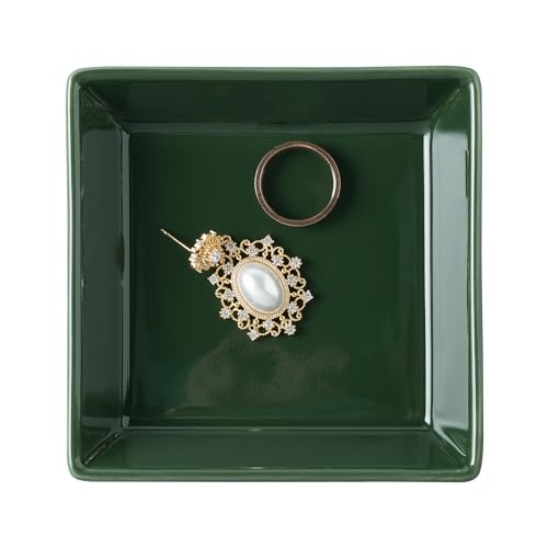 Ceramic Trinket Dish, Small Jewelry Ring Tray, Dark Green | Glazed ceramic jewelry tray. Stores rings, earrings, necklaces, bracelets. Easy to clean. Perfect for vanity and entryway. - color: Dark Green Surface