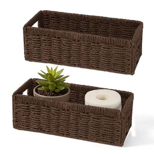 Paper Rope Wicker Storage Baskets with Handles, 2 Pack Foldable Storage Basket, Rectangle Brown Wicker Basket for Pantry Shelves, Toilet Paper Storage Basket for Bathroom, Brown - color: Brown