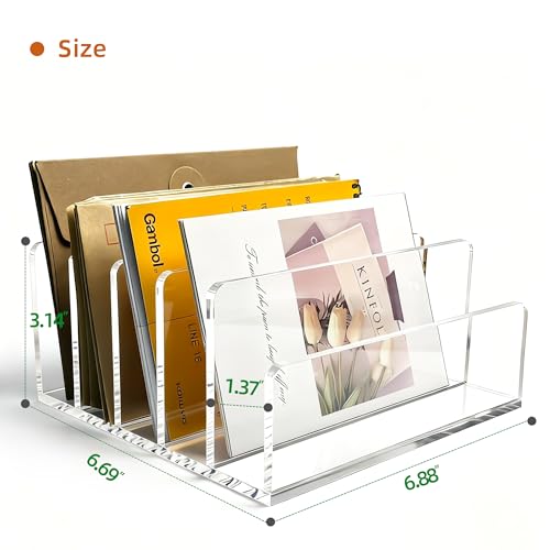 Clear Acrylic 5-Compartment Mail & Letter Desk Organizer | 5mm thick, 5 compartments organize mail, bills, letters & more. Crystal clear acrylic, non-slip pads. No assembly. - size: 5 Compartments