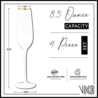 Vikko Champagne Flutes With Gold Rim, 8.5 Ounce Elegant Toasting White Champagne Flute, Champagne Glasses, Set of 4 Elegant Wine Glasses