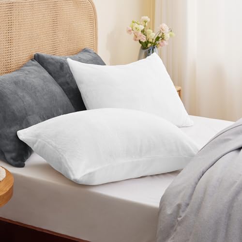 BEDELITE Flannel Pillowcases Standard Set of 2, Bright White, 20x26 Inches | Super Cozy Fuzzy Velvet Pillow Shams with Zipper Closure, Soft Fleece Pillowcases for Bedroom, Sofa, Couch, All-Season Use - color: Bright White, size: 26" x 20" (Pack of 2)