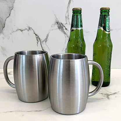 CHILLOUT LIFE Stainless Steel Insulated Coffee Mugs Set of 2 (14oz) – Double Wall Coffee Cups with Spill Resistant Lid & Strong Handle, Shatterproof Cups for Cold Drinks and Hot Beverages - color: Stainless Steel