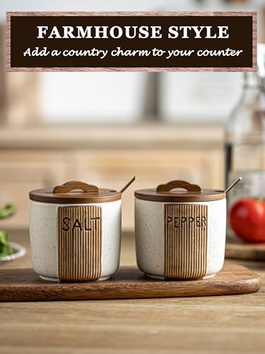 Salt and Pepper Bowls Ceramic, 10 OZ Salt and Pepper Container | Salt and Pepper Cellar wiht Lid & Spoon, Salt Containers for Countertop, Easy Access, Rustic Woodgrain Embossed Design, White - color: White, size: Set of 2