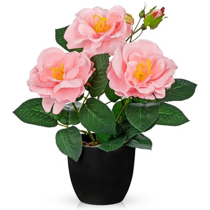 Hollyone Artificial Plants & Flowers with Vase Dark Pink Roses Artificial Flowers Small Potted Plant Faux Silk Flower with Black Pot Fake Rose Flower Arrangement Office Shelf Desk Home Decor 11 Inch - color: Rose 2 - Dark Pink (11inch)