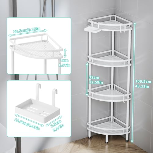 HapiRm Standing Corner Shower Caddy - 4 Tier Large Capacity, White | Shower Organizer Corner with Soap Holder and 4 Hooks, Rustproof Bathroom Storage Shelves with Adhesives - size: 4-tier
