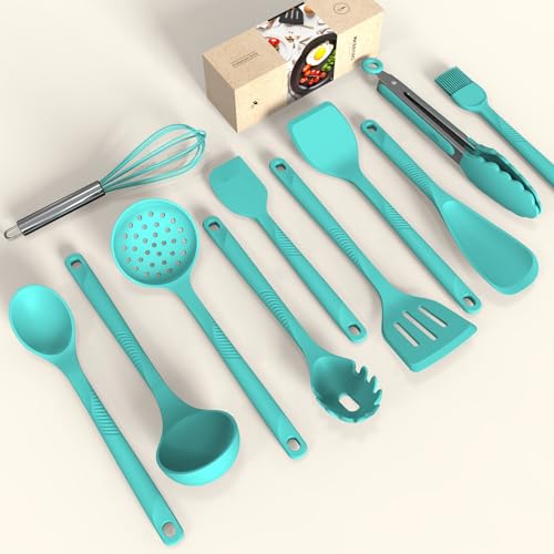 Silicone Cooking Utensils Set - 600°F Heat Resistant, Nonstick Kitchen Utensil Set with Spatulas, Spoons, Whisk, Tongs, BPA Free, Dishwasher Safe (Teal) - color: Teal