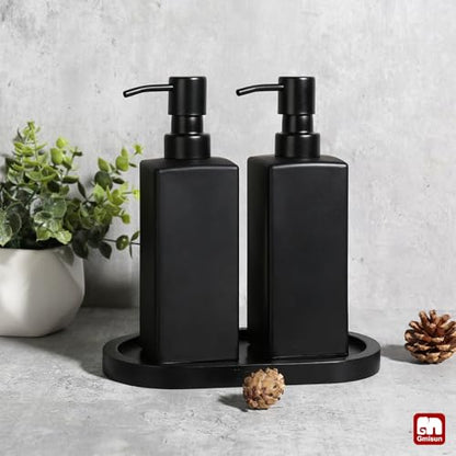 GMISUN Kitchen Soap Dispenser Set, Hand and Dish Soap Dispensers Set, Black Liquid Soap Dispenser with Tray, Refillable Dish Dispensers for Kitchen, Glass Soap Bottles with Stainless Steel Pump - color: Black Bottle + Black Pump + Black Tray
