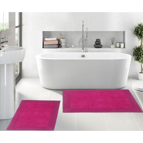 Home Weavers Luxury Collection 100% Cotton Reversible Bathroom Rugs Set, Washable Rug, Extra Soft and Absorbent Bath Rug, Kitchen Mat, 2 Piece Set(S+L), Hot Pink - color: Hot Pink, size: 2 Piece Set(S+L)