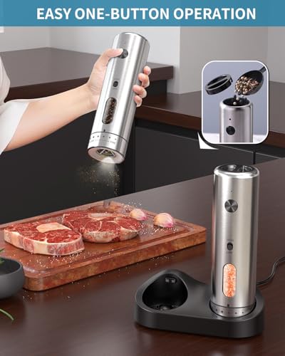 CIRCLE JOY Electric Salt and Pepper Grinder Set with Rechargeable Base Upgraded Stainless Steel Automatic Salt and Pepper Shakers with 2 Grinding Speeds, External Adjustment and 110ml Capacity, Silver - color: External Adjustment Silver