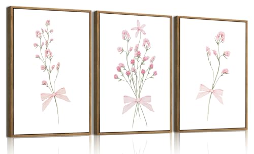 Framed 3 Piece Pink Floral Wall Art Wildflower Bow Nursery Canvas Prints | Boho Flower Pictures Wall Decor Cute Paintings Artwork for Girl Bedroom Bathroom 12x16in - color: Botanical-4, size: 12x16 Natural