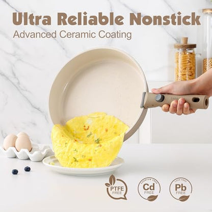 SENSARTE 24 Piece Ceramic Detachable Handle Pots and Pans Set Almond Beige | Ceramic Cookware Set, Induction Cookware Set with Removable Handle, Healthy Non Stick for RV, Dishwasher ＆ Oven Safe - color: Almond Beige, size: 24 Piece