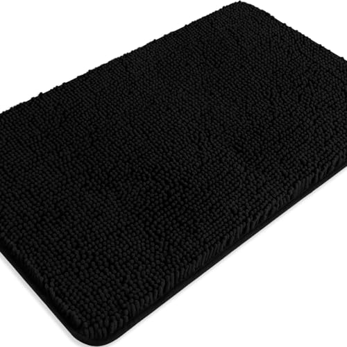 Black Bathroom Rug – Absorbent and Washable Bath Mat, Non-Slip, Thick Soft Chenille Bath Rugs for Bathroom, Kitchen, Shower, Sink - 20" x 32" - color: Black, size: 20" x 32"