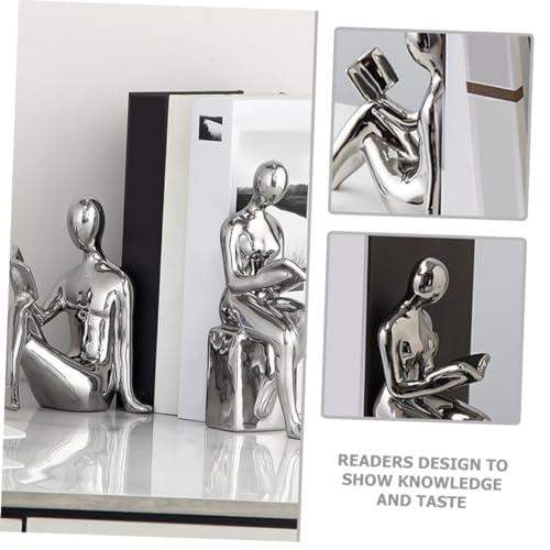 Modern Ceramic Silver-Plated Bookends Pair Decorative Reading Figurines for Home Office Aesthetic Desk Decor Unique Shelf Decorations for Living Room