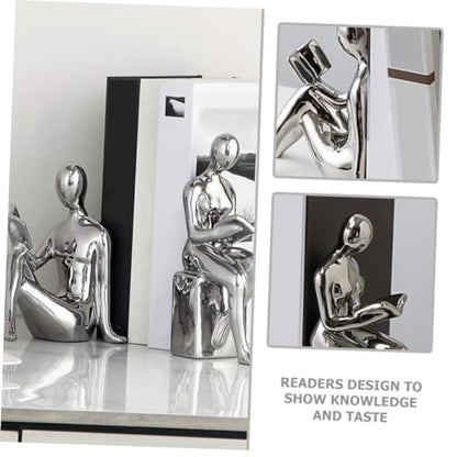 Modern Ceramic Silver-Plated Bookends Pair Decorative Reading Figurines for Home Office Aesthetic Desk Decor Unique Shelf Decorations for Living Room